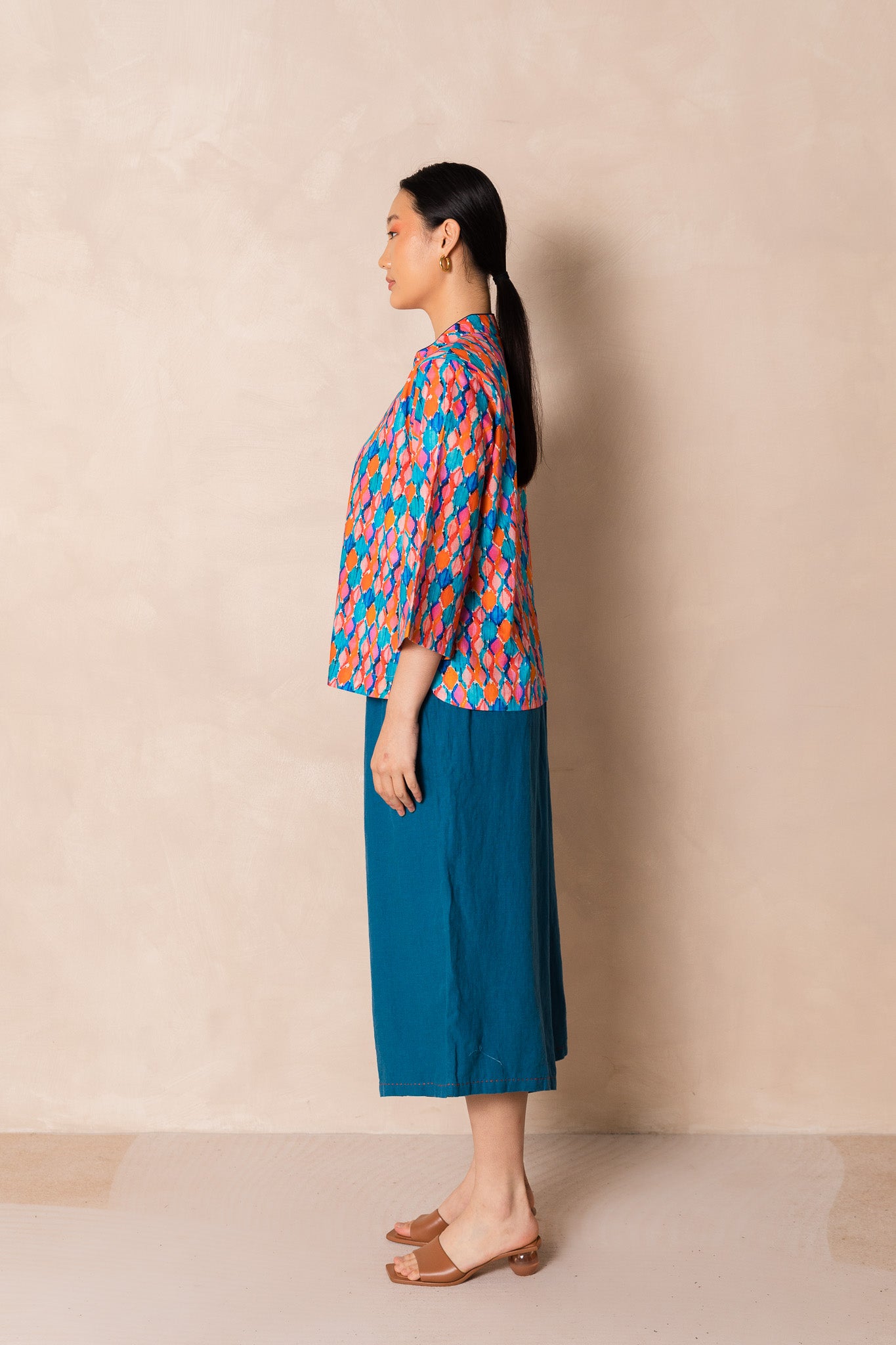 Water Colour Geometric Print 3/4 Sleeve Cheongsam Top, available on You Living