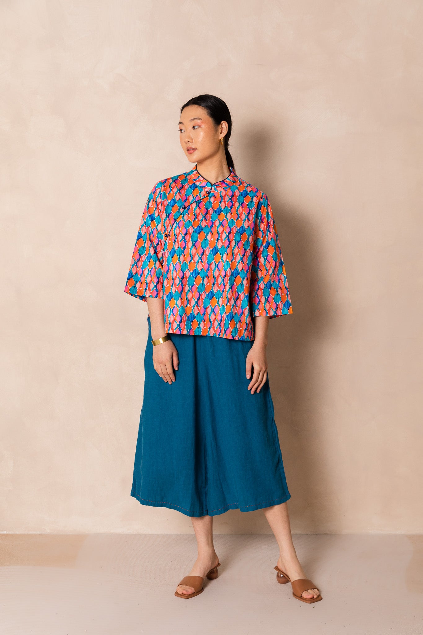 Water Colour Geometric Print 3/4 Sleeve Cheongsam Top, available on You Living