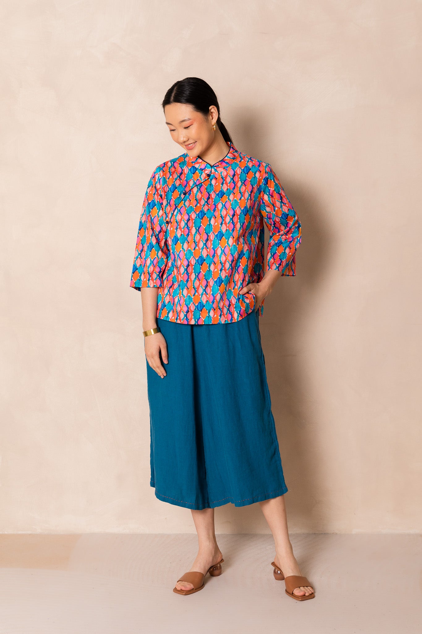 Water Colour Geometric Print 3/4 Sleeve Cheongsam Top, available on You Living