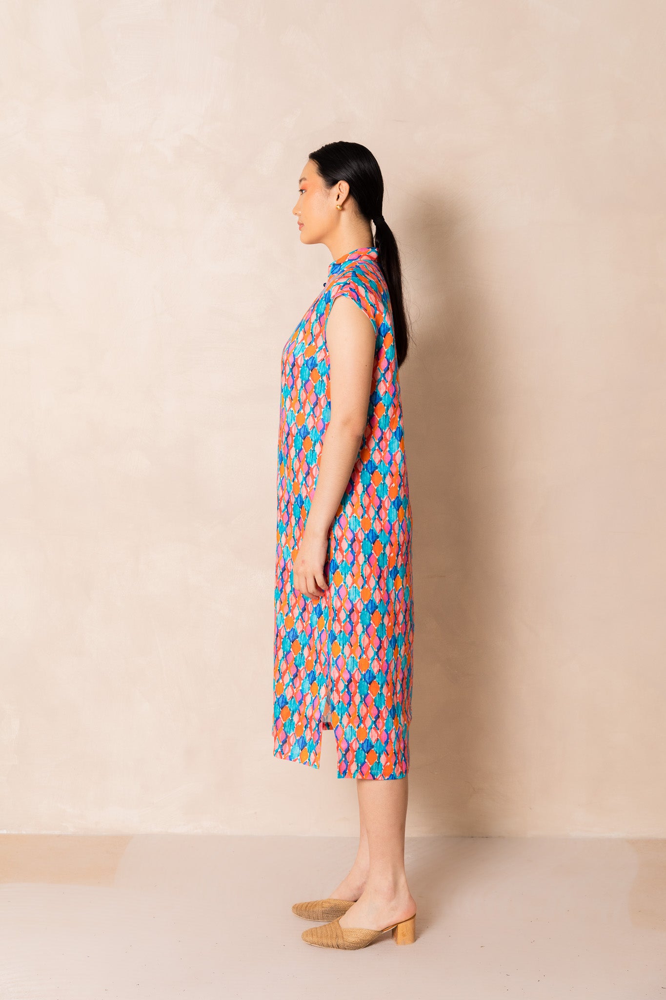 Water Colour Geometric Print Cap Sleeve Cheongsam Dress