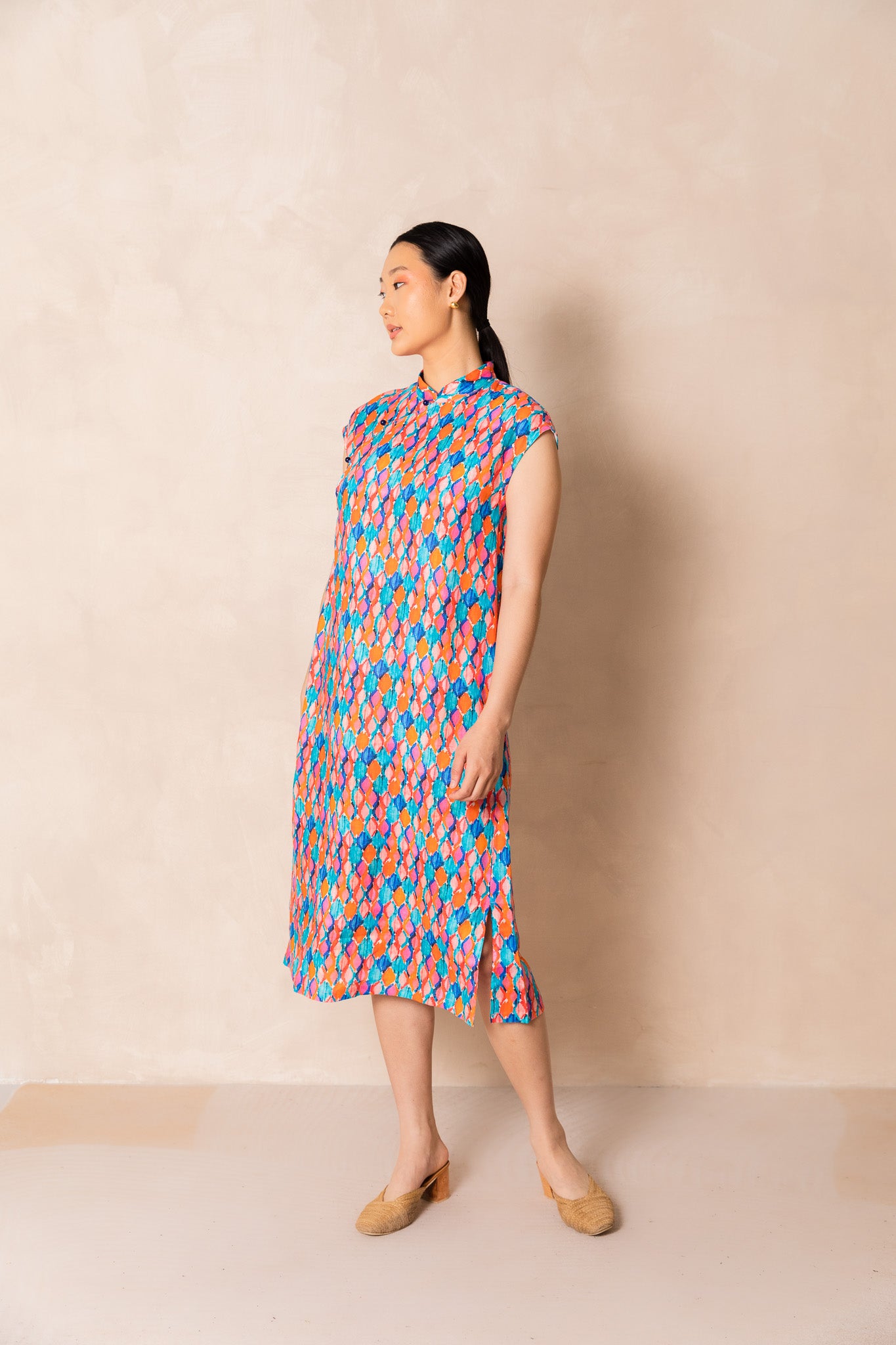 Water Colour Geometric Print Cap Sleeve Cheongsam Dress