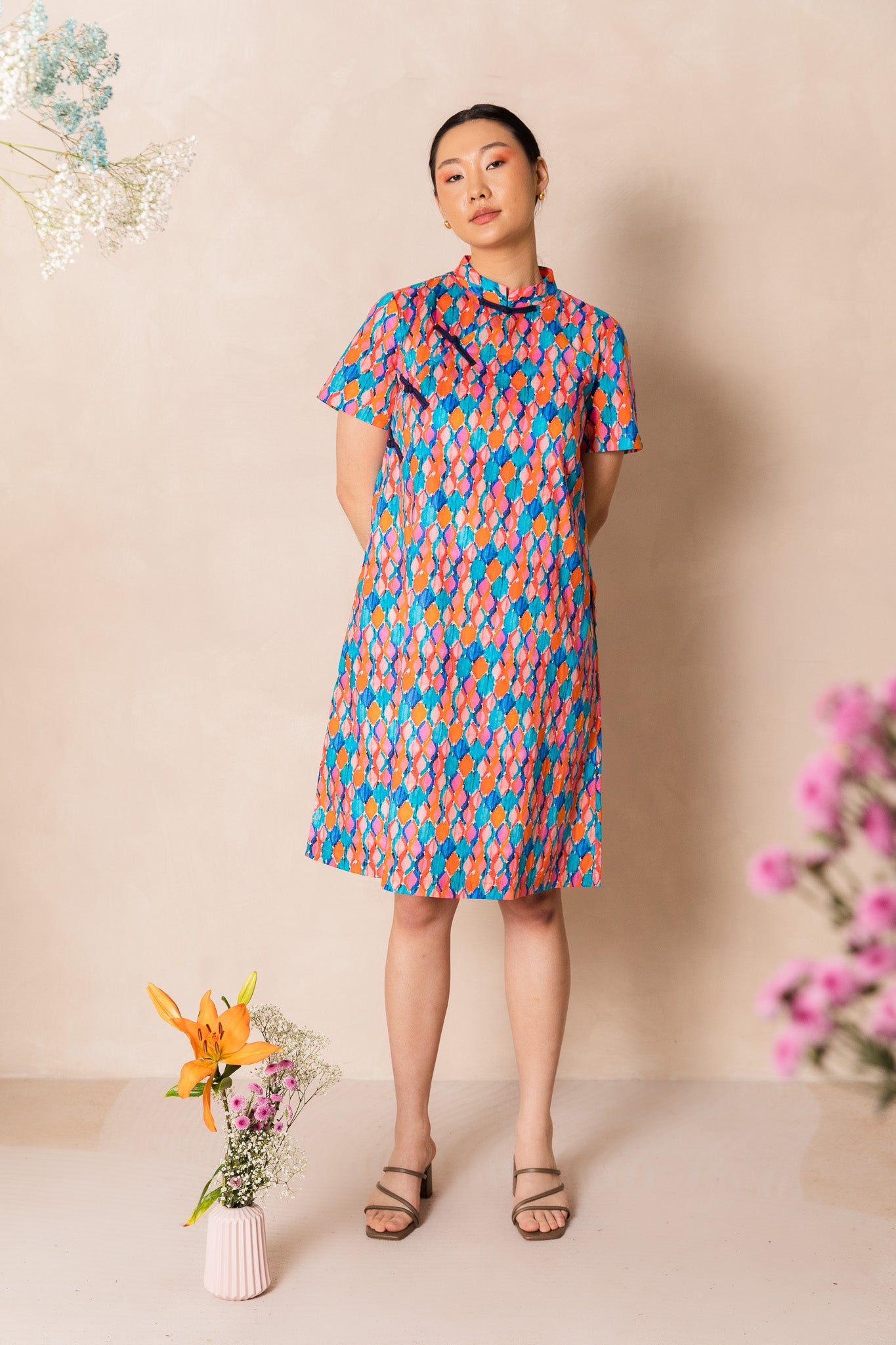 Water Colour Geometric Print Short Sleeve Cheongsam Midi Dress