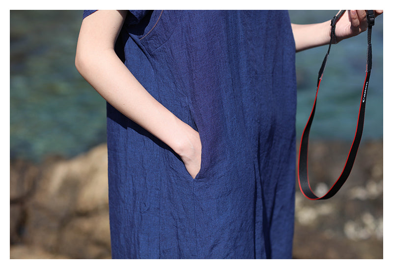 Dark Blue Cheongsam Maxi Dress (Short Sleeve)