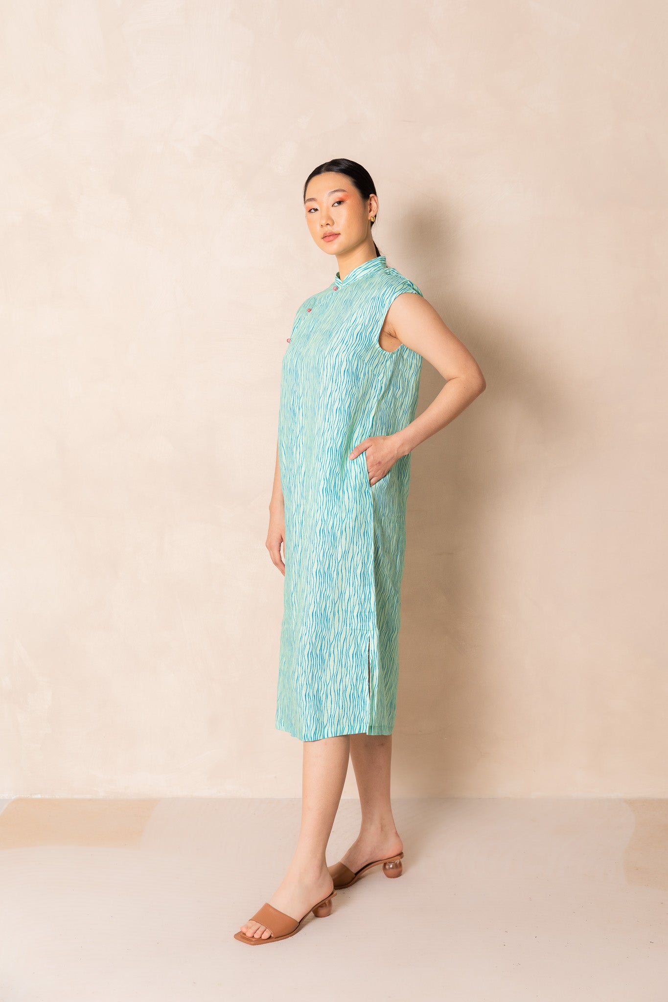 Green Stripe Print Cap Sleeve Cheongsam Dress, available on You Living