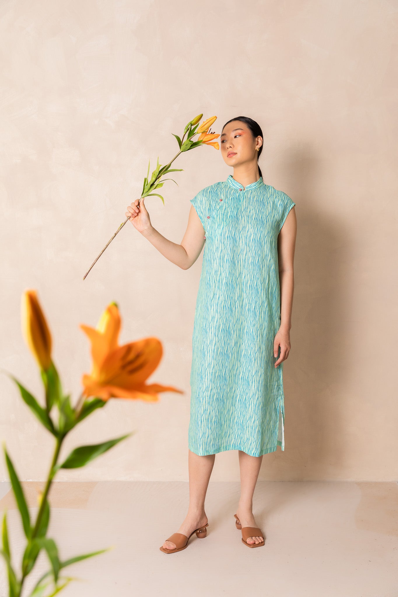 Green Stripe Print Cap Sleeve Cheongsam Dress, available on You Living