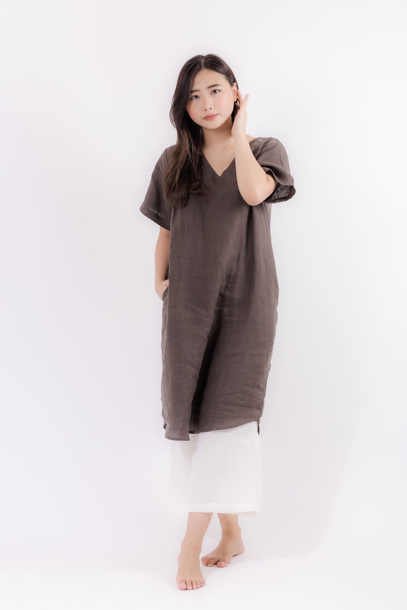 V-Neck Linen Lounge Dress in Coffee Brown