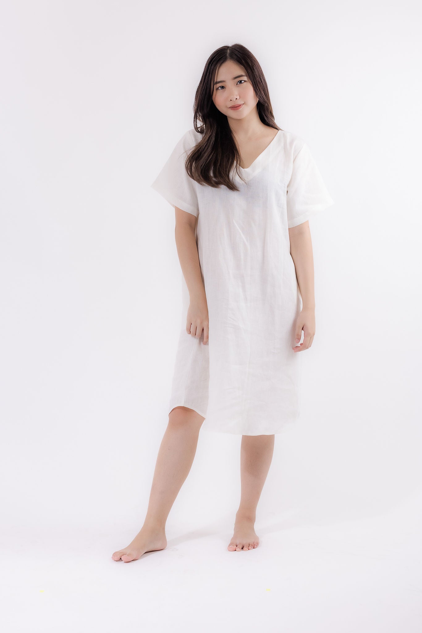 V-Neck Linen Lounge Dress in White