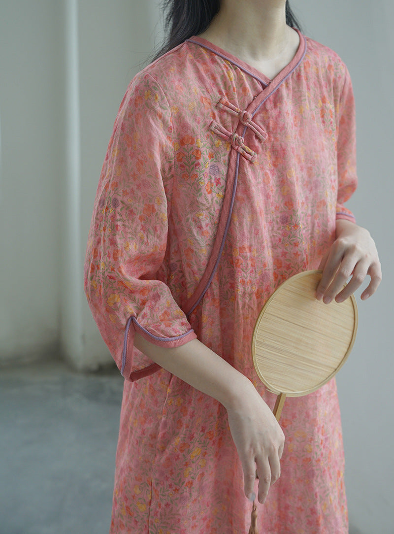 Pink Floral Print Cheongsam Dress 3/4 Sleeve