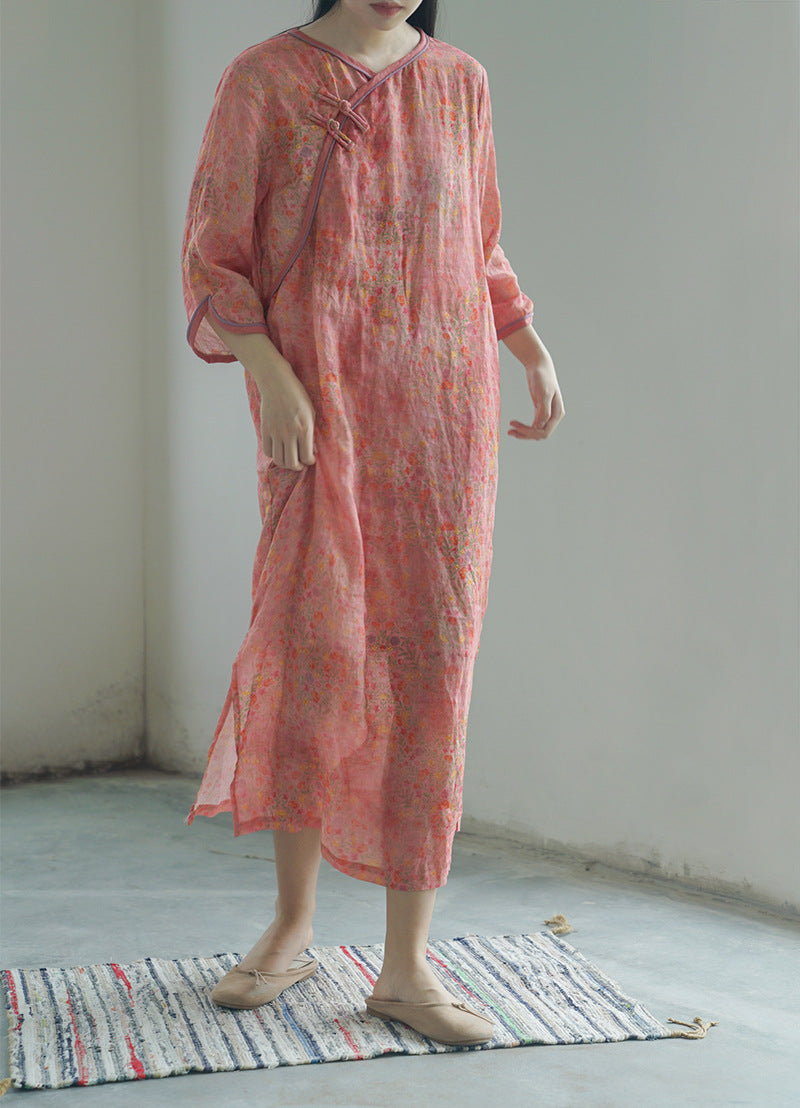 Pink Floral Print Cheongsam Dress 3/4 Sleeve