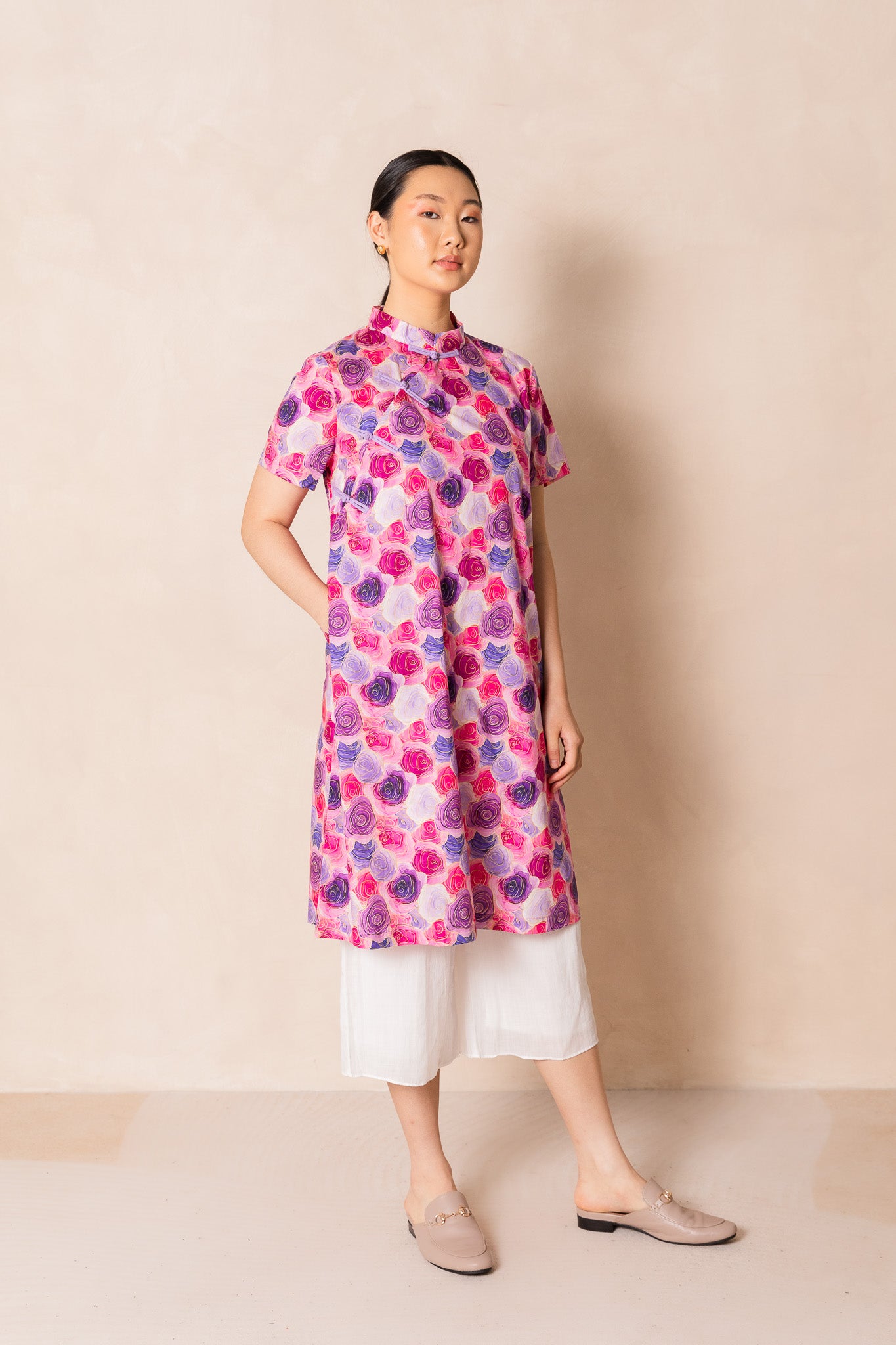 Water Colour Pink Rose Print Short Sleeve Cheongsam Midi Dress, available on You Living