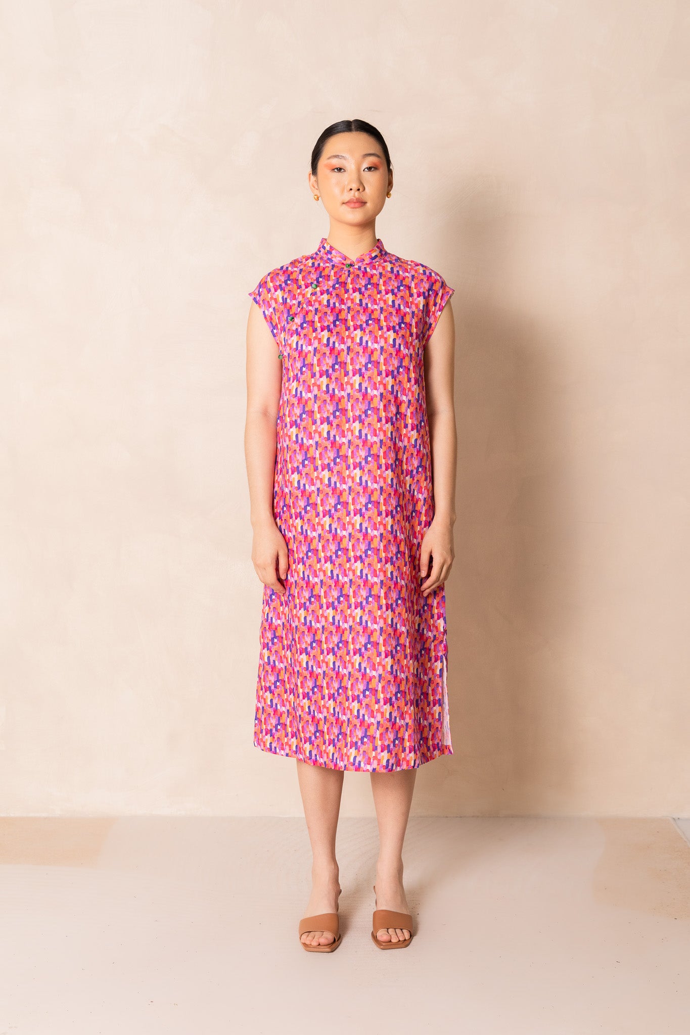 Water Colour Raindrop Print Cap Sleeve Cheongsam Dress, available on You Living